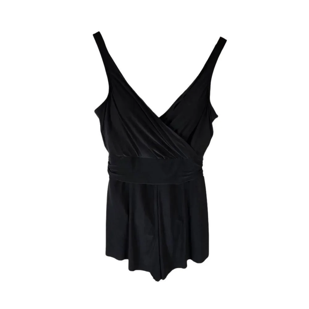 Vanishing Act Black Women's V-Neck One-Piece Swimsuit Belly Control Plus Size 14